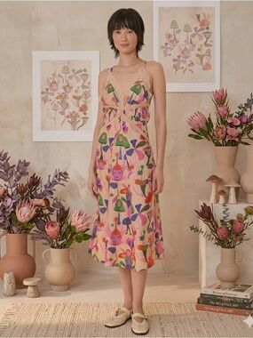 Farm Rio Sand Fairies Lace Trim Slip Midi Dress NWT Small Beige Pink